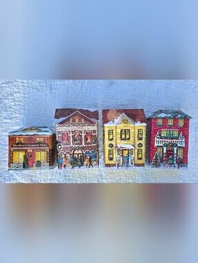 4 Harry London Empty Christmas Village Tins Red/Yellow House Town Hall Store EUC